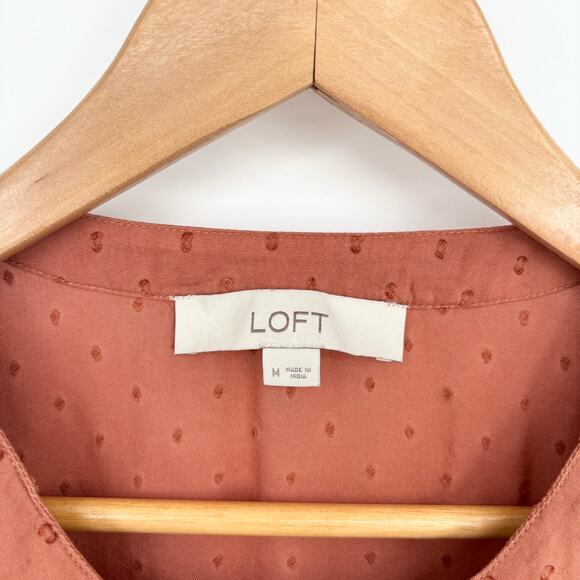 Loft Terracotta Eyelet Embroidered Puff Sleeve Button-Down Top Size M - Picture 6 of 6